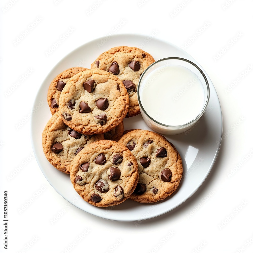 Chocolate Chip Cookies and Milk on a White Plate Chocolate Chip Cookies and Milk on a White Plate