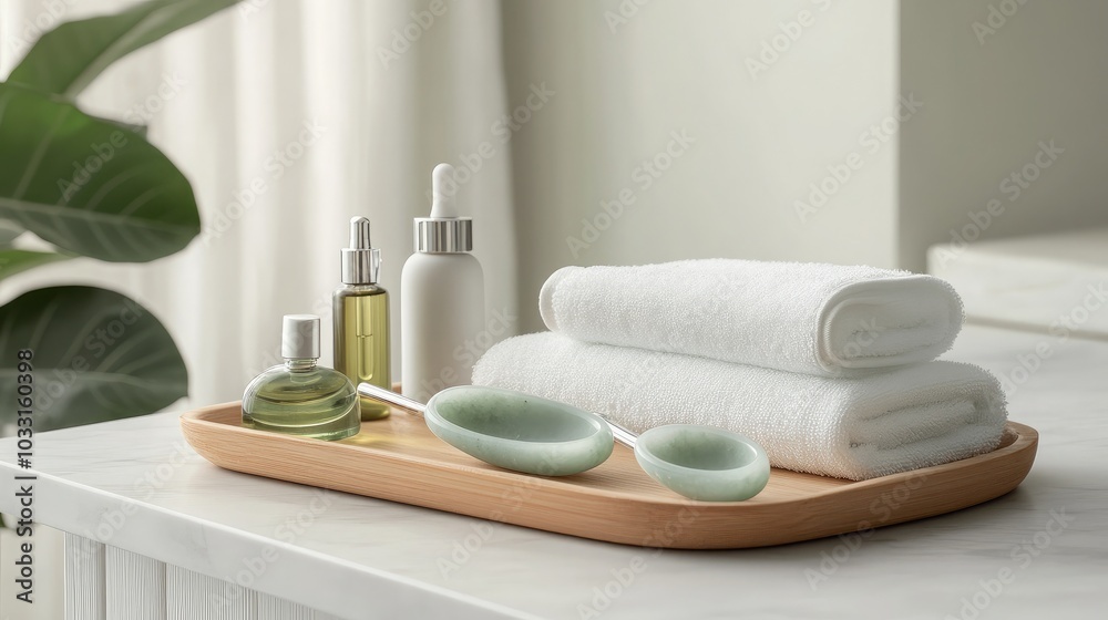 Elegant Spa Setup with Oils and Towels on Tray
