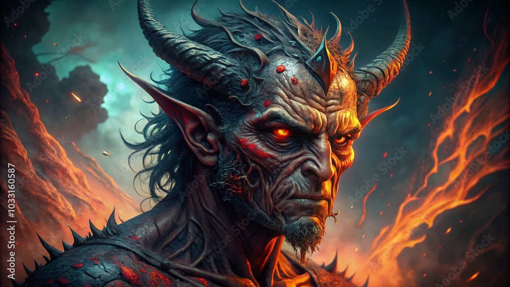 Scarred Demon of Darkness in Epic Fantasy Artwork - Dark Fantasy Aesthetic Illustration Scarred Demon of Darkness in Epic Fantasy Artwork - Dark Fantasy Aesthetic Illustration