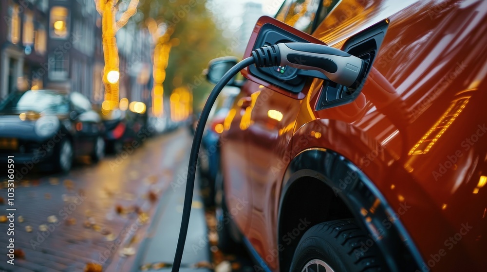 Charging an Electric Vehicle Under Beautiful Urban Lights Creating a Modern Ambiance Charging an Electric Vehicle Under Beautiful Urban Lights Creating a Modern Ambiance