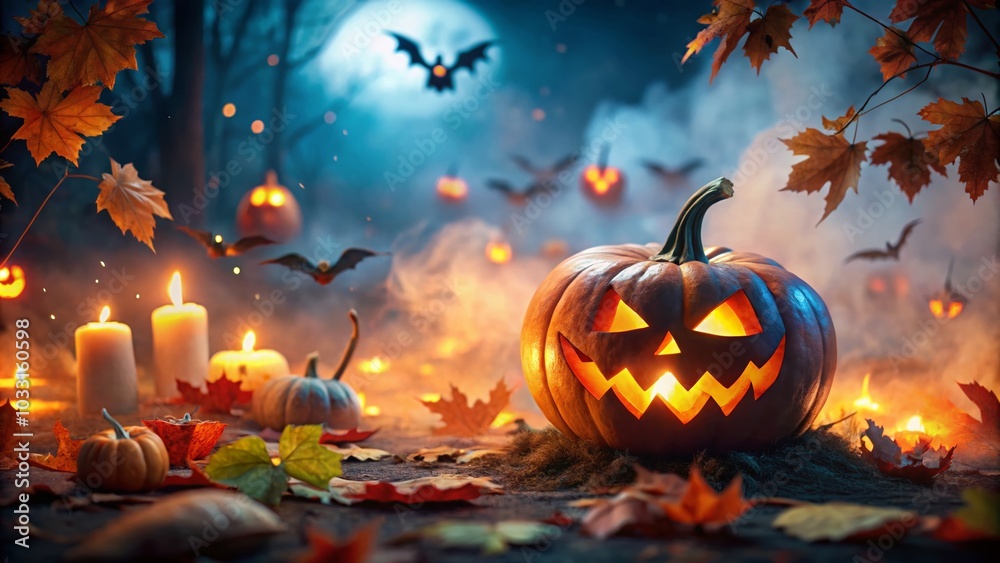 Scary Halloween Jack-O'-Lantern in Tilt-Shift Style for Spooky Background Wallpaper Scary Halloween Jack-O'-Lantern in Tilt-Shift Style for Spooky Background Wallpaper