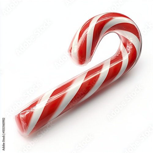 A Single Red and White Candy Cane Isolated on a White Background