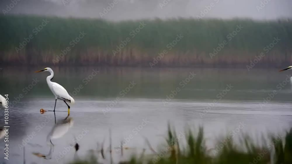 misty marsh as egrets slowly walk through the water. The fog and water reflections blur into a mystical bokeh misty marsh as egrets slowly walk through the water. The fog and water reflections blur into a mystical bokeh