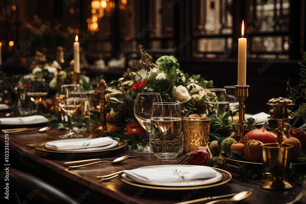 A beautiful table setting for Thanksgiving dinner in a restaurant A beautiful table setting for Thanksgiving dinner in a restaurant