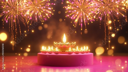 Wallpaper Mural Banner design for diwali festival and podium,Diwali light decoration candle with fireworks,Stage,Product display Showcase design sparkle background,Deepavali,Dipavali,3D podium illustration. Torontodigital.ca
