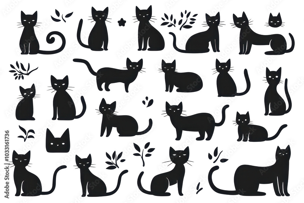 Black cat silhouettes in various poses, isolated on white, perfect for Halloween or decorative design.
