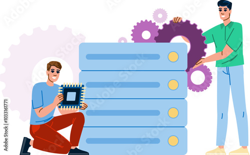 efficiency server upgrade vector. security hardware, software migration, backup redundancy efficiency server upgrade character. people flat cartoon illustration