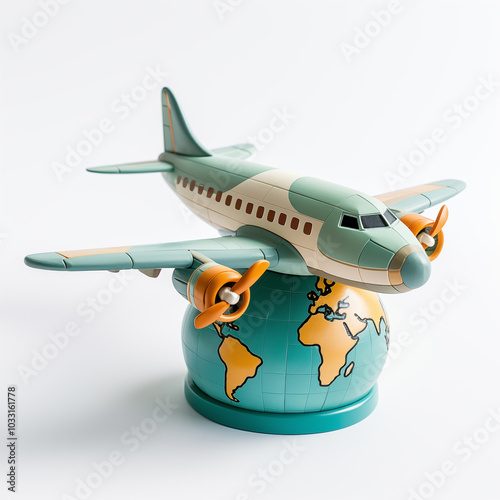 Plane flying around the world. white background
