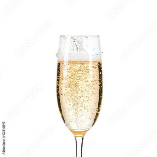 Cartoon-style champagne glass with bubbly liquid splash, isolated on white, perfect for celebrations.
