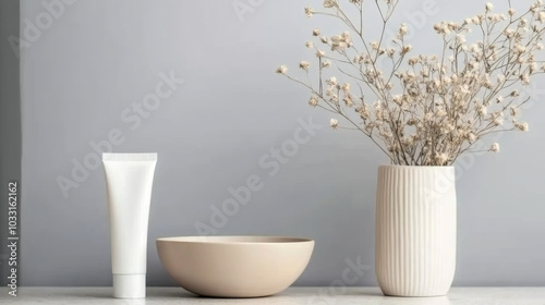 minimalistic arrangement featuring a cosmetic tube and bowl