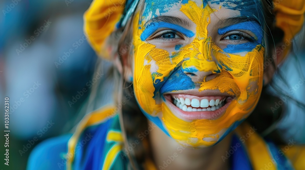 A joyous young fan with vibrant face paint, expressing excitement at a lively sporting event! A joyous young fan with vibrant face paint, expressing excitement at a lively sporting event!
