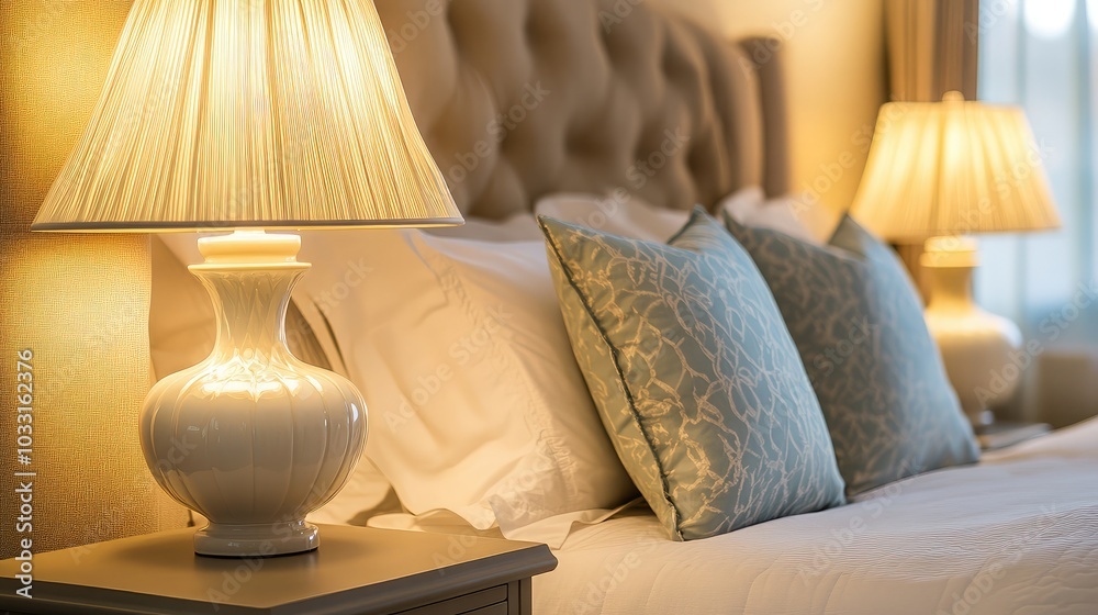 Cozy Bedroom with Elegant Lamps and Soft Linens Cozy Bedroom with Elegant Lamps and Soft Linens