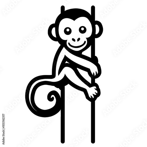 Simple Line Art Vector of a Monkey Climbing a Tree Trunk - Minimalist Jungle Animal Design for Wildlife and Nature-Themed Stock Graphics
