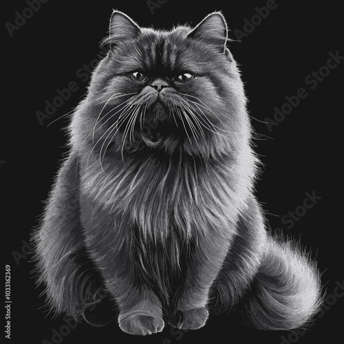 Detailed Black and White Vector Illustration of a Persian Cat - Elegant and Realistic Feline Design for Pet and Animal-Themed Stock Art and Graphics