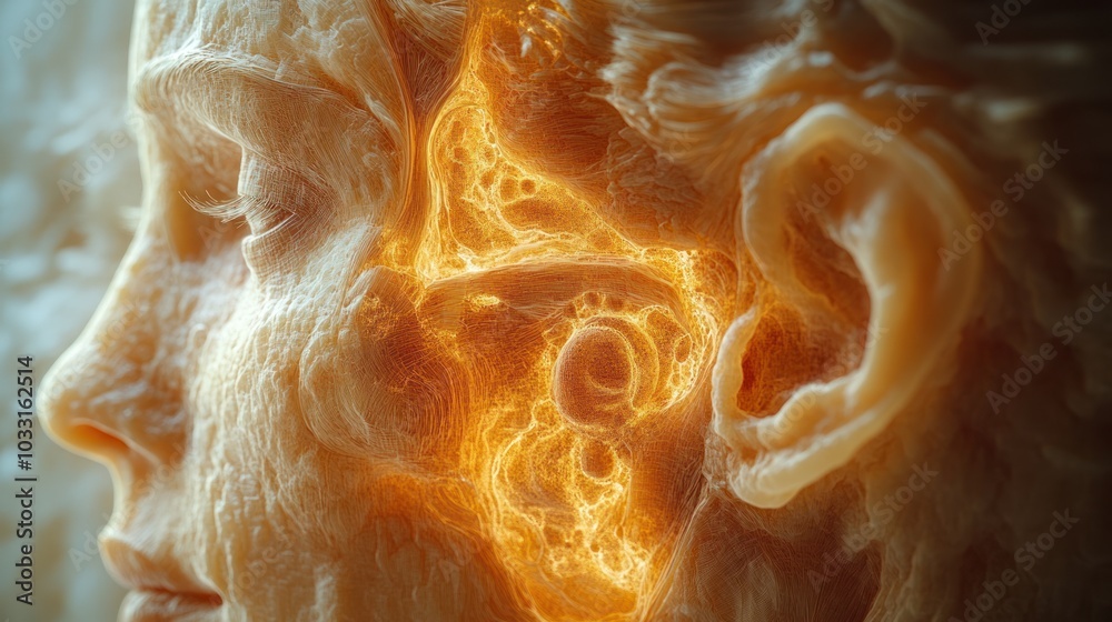 A close-up of a stylized human face with intricate glowing patterns.