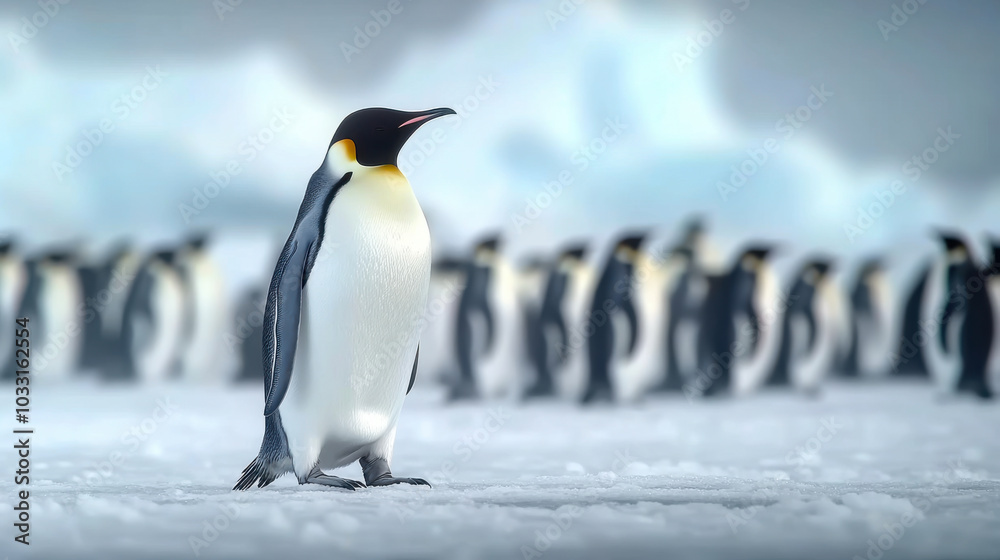 Fototapeta premium Group of king penguins coming back together from sea to beach with waves in the background