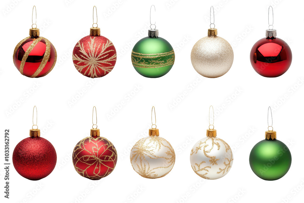 Set of Christmas ornaments in red, green, and gold with various patterns, isolated on white.
Set of Christmas ornaments in red, green, and gold with various patterns, isolated on white.