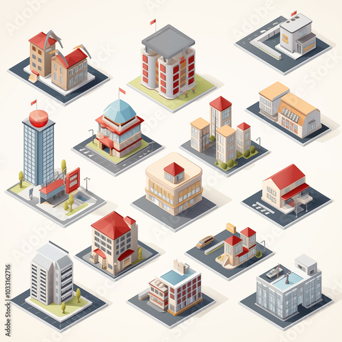 Set of modern isometric buildings and houses for sites and games