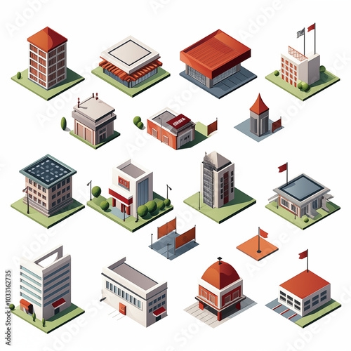 Set of modern isometric buildings and houses for sites and games