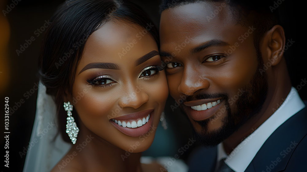 Stunning Black Couple in Their Mid-20s Dressed in Professional Attire, Radiating Confidence and Elegance, Perfect for Showcasing Modern Love and Professionalism in a Contemporary Setting.
