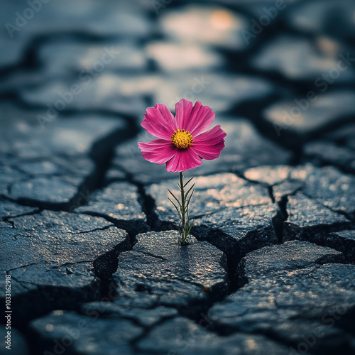  flower blooming amidst the cracks of dark grey granite brickwork of a city street. AI generative.