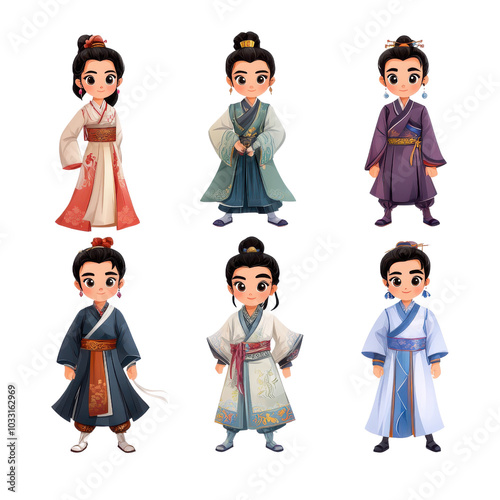 Six cartoon characters in traditional attire
