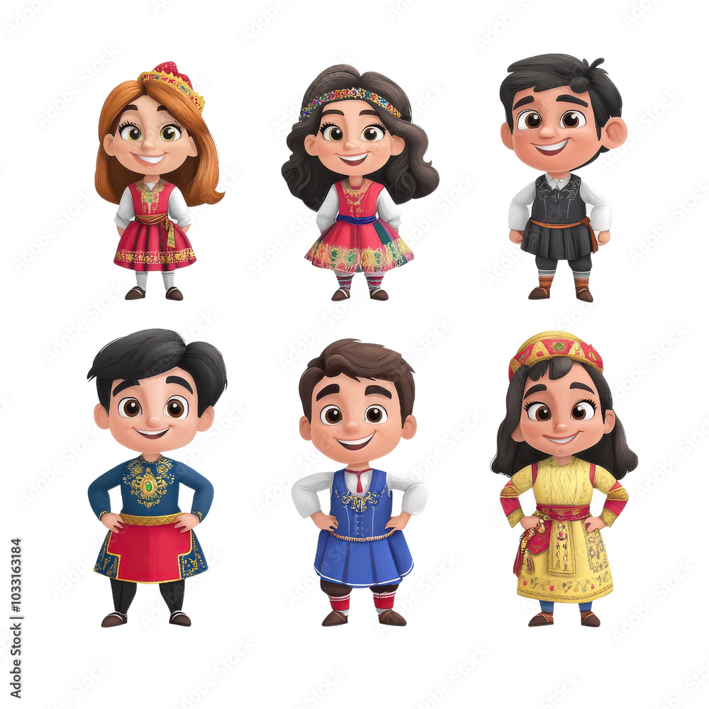 Six diverse cartoon characters in traditional outfits Six diverse cartoon characters in traditional outfits