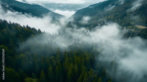 Thick fog rolling through a forested mountain range