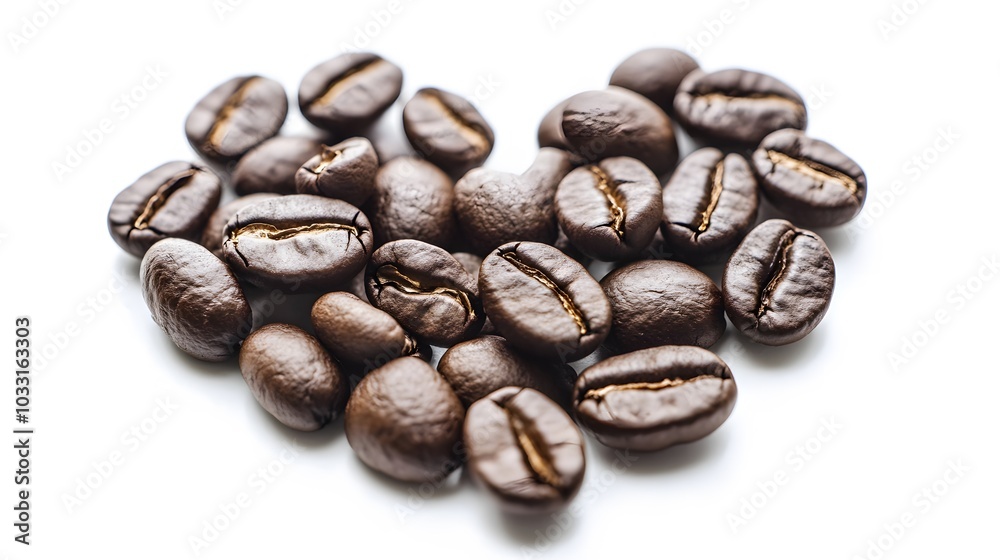 Heart shape of roasted coffee beans isolated on a white background. Heart shape of roasted coffee beans isolated on a white background.
