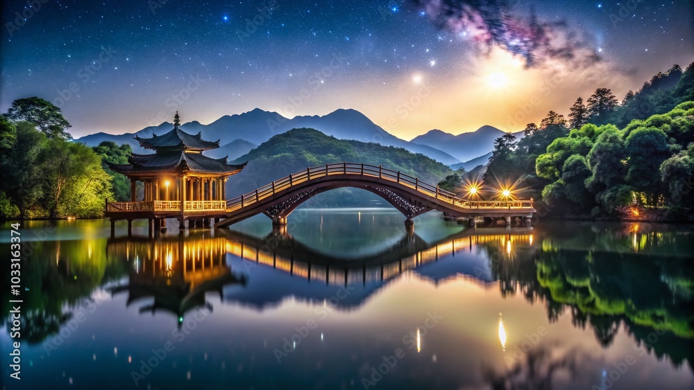 Serene Silhouette of a Chinese Traditional Wooden Bridge over a Lake at Night Serene Silhouette of a Chinese Traditional Wooden Bridge over a Lake at Night