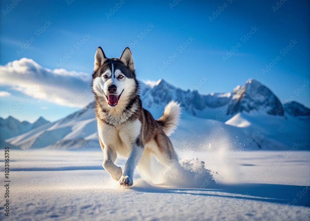 Siberian Husky Running in a Snowfield - Majestic Aerial Photography of a Canine Adventure in Winter Wonderland Siberian Husky Running in a Snowfield - Majestic Aerial Photography of a Canine Adventure in Winter Wonderland
