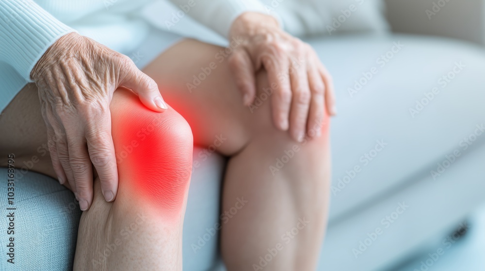 Knee Pain: A close-up of an older woman's knee with a red highlight, emphasizing the pain and discomfort she is experiencing. This image evokes empathy and understanding. Knee Pain: A close-up of an older woman's knee with a red highlight, emphasizing the pain and discomfort she is experiencing. This image evokes empathy and understanding.