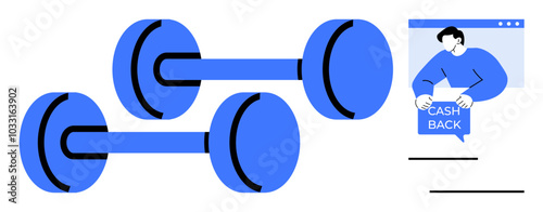 Two blue dumbbells and a man holding a cashback sign from a web window. Ideal for fitness, online promotions, advertisements, healthy living, digital marketing. Vector modern flat style with a clean