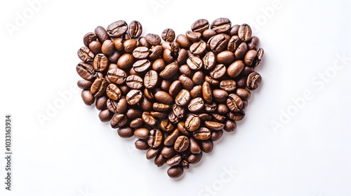 Heart shape of roasted coffee beans isolated on a white background.
