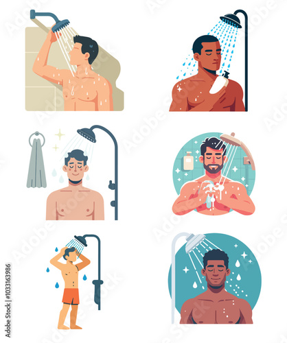 set collection man taking shower flat design