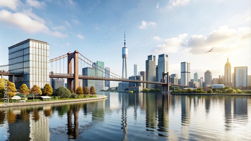 Obraz premium A modern city skyline with a suspension bridge over a river at sunrise.