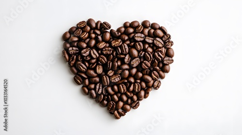 Heart shape of roasted coffee beans isolated on a white background.