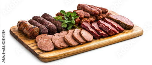 A curated assortment of various sliced meats displayed on a wooden board, garnished with fresh greens.