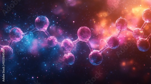 A vibrant depiction of molecular structures in a cosmic background, symbolizing science and discovery.