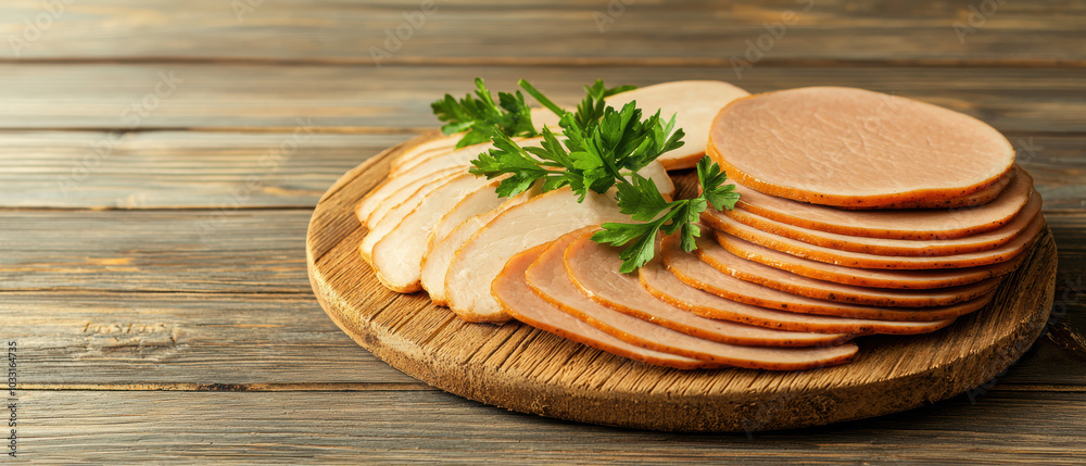 A platter of thinly sliced meat garnished with fresh parsley, arranged artistically on a wooden board. A platter of thinly sliced meat garnished with fresh parsley, arranged artistically on a wooden board.