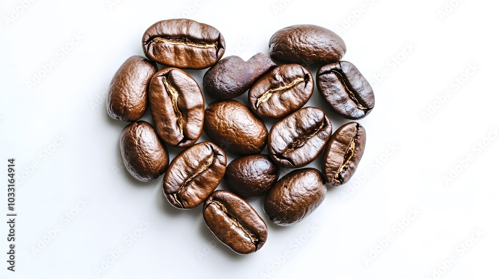 Heart shape of roasted coffee beans isolated on a white background. Heart shape of roasted coffee beans isolated on a white background.