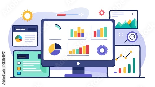 The image depicts a computer monitor displaying colorful charts and graphs, surrounded by other visual elements like a pie chart, line graphs, 
