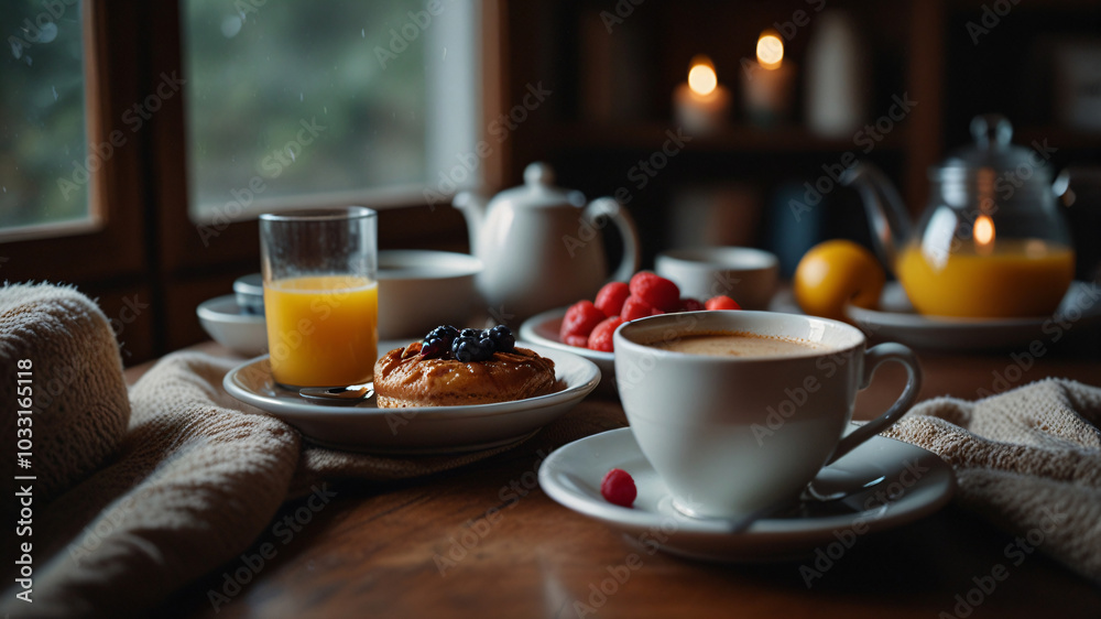 A cozy breakfast with coffee and freshly sliced bread.