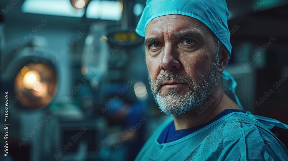 A seasoned surgeon prepares for an intricate procedure in a focused and professional atmosphere. A seasoned surgeon prepares for an intricate procedure in a focused and professional atmosphere.