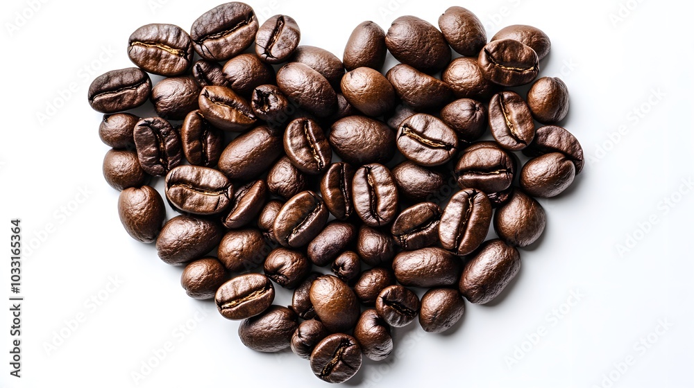 Heart shape of roasted coffee beans isolated on a white background. Heart shape of roasted coffee beans isolated on a white background.
