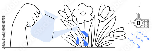 Hand holds watering can to nurture flowers, with abstract blockchain elements. Ideal for growth, investment, blockchain, technology, nature. Simple line art style, minimal colours