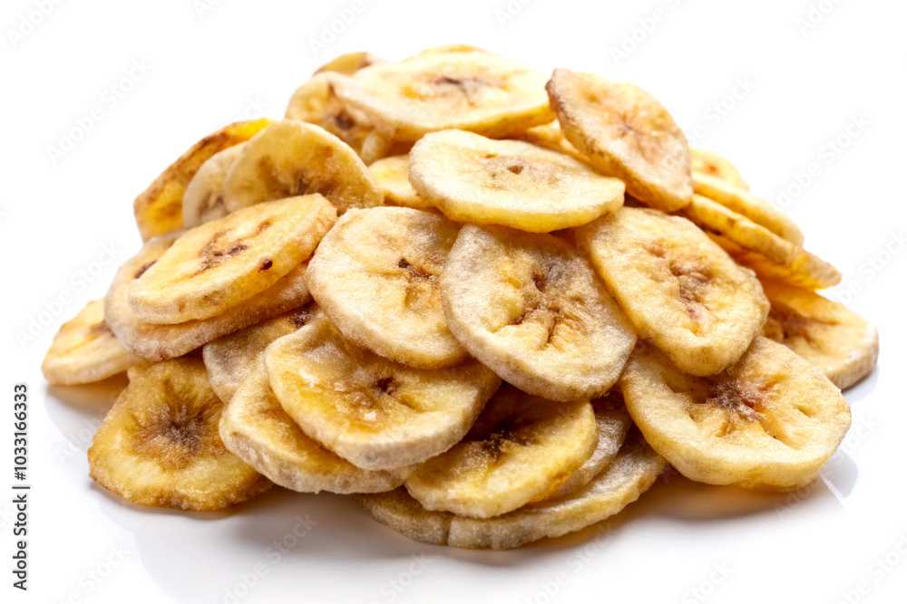 Tasty banana chips, on white background Tasty banana chips, on white background