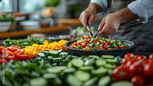 A chef preparing a salad with fresh ingredients.