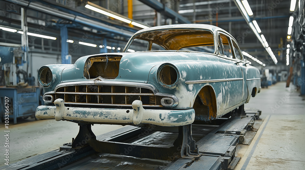 Old rusty car body in the paint shop for restoration, Generative AI image Old rusty car body in the paint shop for restoration, Generative AI image