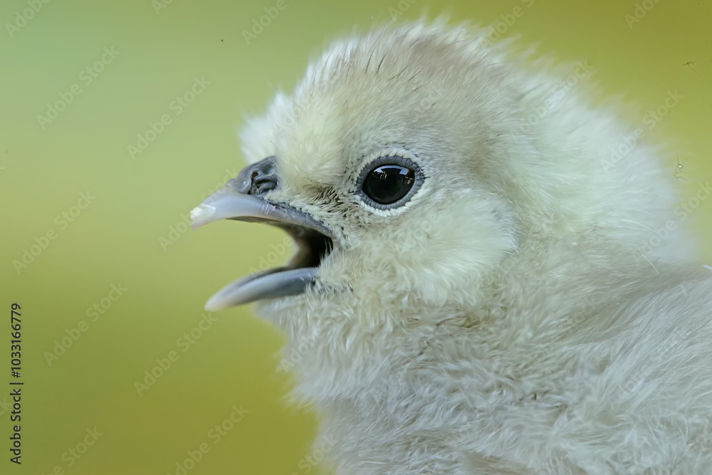 The cute and adorable appearance of a silkie chick that has just hatched from an egg. This animal has the scientific name Gallus gallus domesticus. The cute and adorable appearance of a silkie chick that has just hatched from an egg. This animal has the scientific name Gallus gallus domesticus.